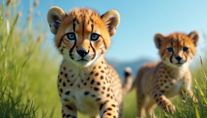 Obraz premium Two cute cheetah cubs walk through green grass under blue sky. One cub looks forward intently with large eyes. The other cub walks behind it. Spotted fur and animal features are clear.