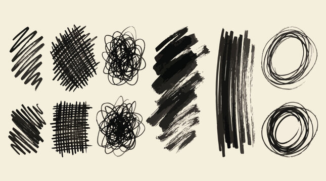 Black ink scribble, hand drawn messy brushstroke set, grunge grunge oil squiggle graphic print art. Handwriting texture marker design element, dirty sketchy spot. Trendy contemporary ink scribble line