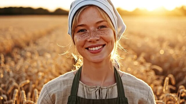 Smiling female farmer looking at the camera wearing a bonnet hat and modest outfit
