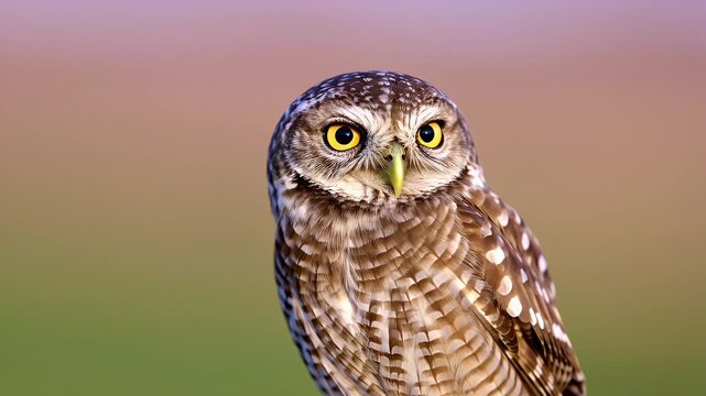 Close-up of a wild burrowing owl with striking yellow eyes