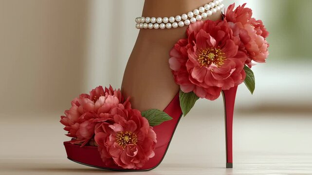 Elegant red high heel shoe adorned with vibrant floral decorations and a pearl ankle bracelet, displayed in a softly lit indoor setting with wooden flooring