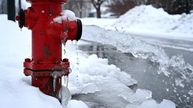 Red Fire Hydrant in Snowy Street Scene.