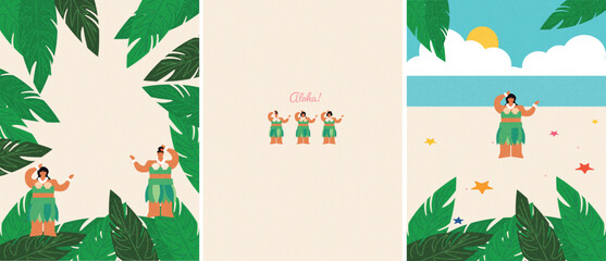 Hawaiian style poster set with tropical leaves and aloha mood. Perfect for summer decor, travel design, party invitations, seasonal prints, social media and tropical themed branding. © Yana