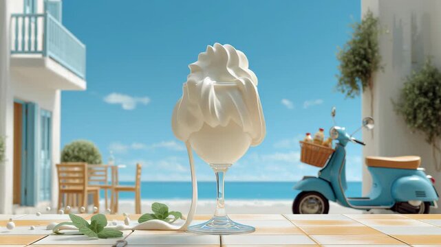 Creamy dessert glass with whipped cream splashing, transitioning to melting ice cream, and finally topped with caramel sauce, set against a sunny coastal backdrop