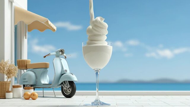 Ice cream dessert in glass with soft serve swirl beside vintage scooter on patio overlooking ocean, bright blue sky and white clouds in the background