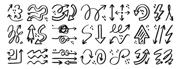 Black doodle arrow set, hand drawn vector collection of different pointer shapes, sketchy curved, straight, twisted, direction arrows, isolated on white