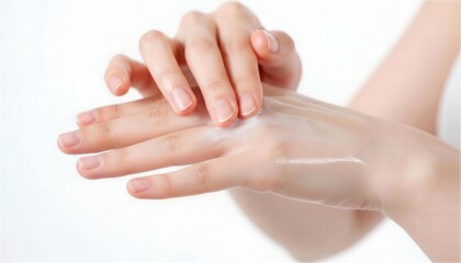 Naklejka premium 手の甲にハンドクリームを塗り保湿する若い女性