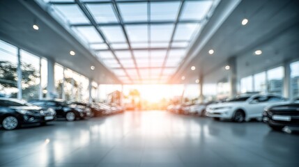 Blurred Interior dealership store banner , car park indoor building showroom , car sales , auto leasing, insurance, rental theme