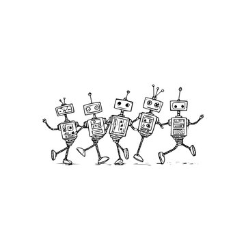 Group of happy robots dancing and moving together in unison with joyful expressions