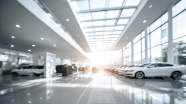 Blurred background modern car dealership interior for automotive, business, insurance, leasing and car loans theme
