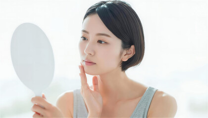 手鏡を持ち真剣な表情で肌の状態をチェックする若い女性