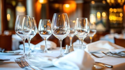 Fine Dining Table Set with Crystal Wine Glasses and Warm Bokeh