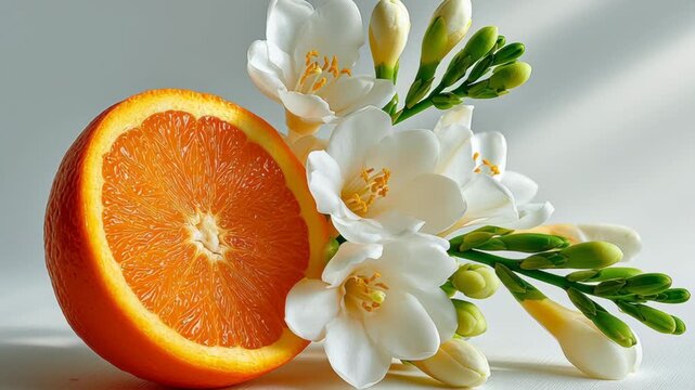 Fresh orange half positioned next to blooming white freesia flowers, showcasing vibrant colors and textures against a soft, neutral background in a beautifully arranged composition