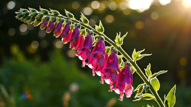 Beautiful foxglove flowers in vibrant purple color swaying gently in the evening sunlight illuminating the garden background