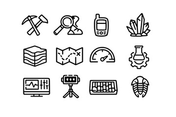 Geology and paleontology line icon set featuring mining tools crystals fossils map and scientific equipment for earth science research © -A/T-