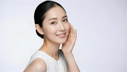 振り返り頬に手を添えて微笑むまとめ髪の若い女性