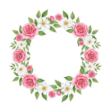A beautiful wreath of pink roses and green leaves, perfect for any occasion. isolated on transparent background