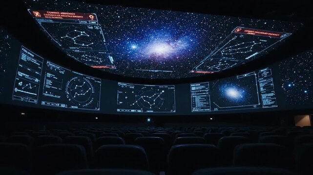 Interior of spaceship with view of galaxy, stars and constellation maps on displays. Space travel and future technology.