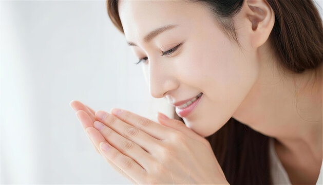 両手を顔の前で合わせうるおいを実感する若い女性