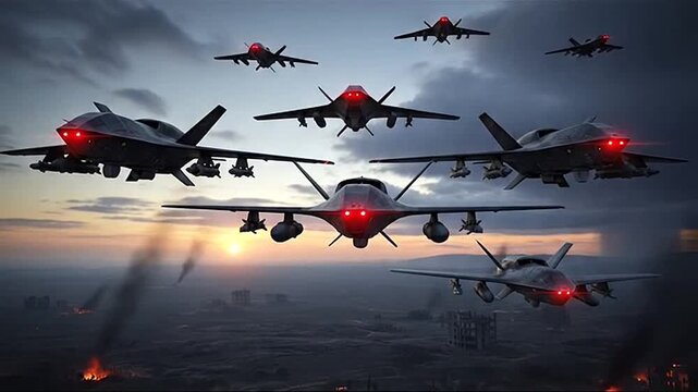 A fleet of advanced military drones with glowing red lights flies over