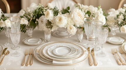 Fototapeta premium Luxurious Wedding Table Arrangement with White Blooms and Gold Trim