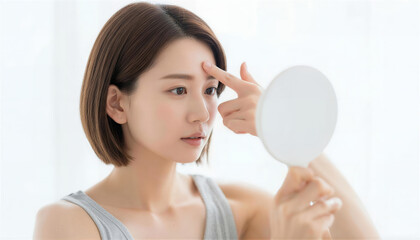 手鏡を持ち額の肌状態をチェックする若い女性