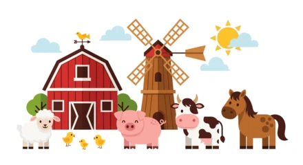 Papier peint photo Ferme Grange rouge animaux et moulin  © Avra