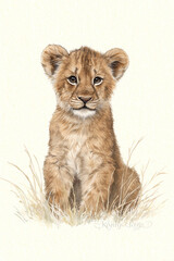 Obraz premium Adorable lion cub portrait sits sweetly amidst sparse dry savanna grass illustration