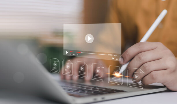 Online video content management concept with media player interface and digital file library over laptop. Streaming service, e learning platform, multimedia storage and cloud technology background.