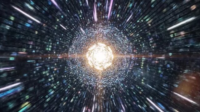 Digital tunnel with glowing neural network structures representing AI