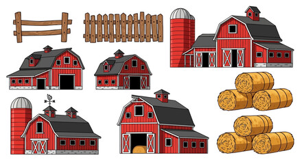 Collection of red barns, silos, and hay bales on a farm landscape illustration © Avra