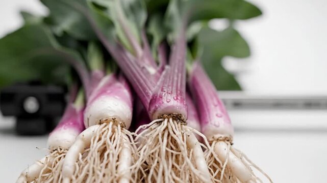 Close-up shot of fresh turnip bulbs with leaves and roots on a bright white surface, showing natural details
