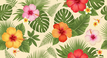 Tropical flowers and leaves pattern viewed from directly above in a vibrant environment © Avra