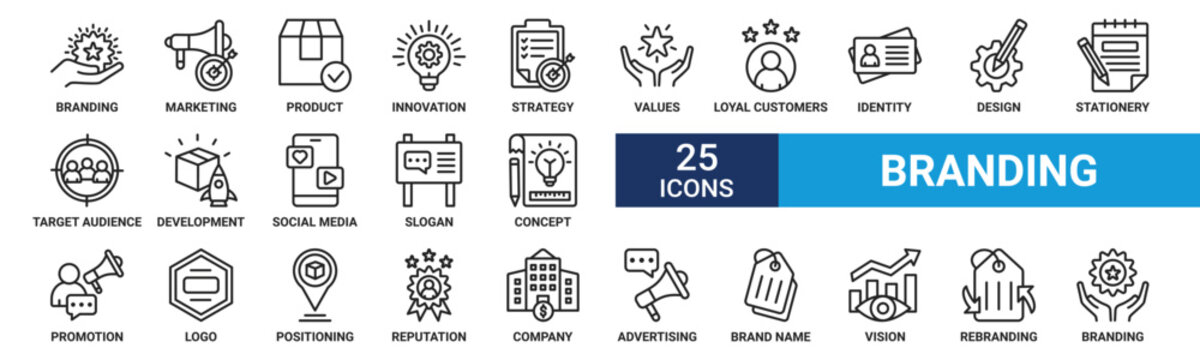 Branding icon set. Containing marketing, product, innovation, strategy, brand values, loyal customers, identity and more. Line vector icons collection.