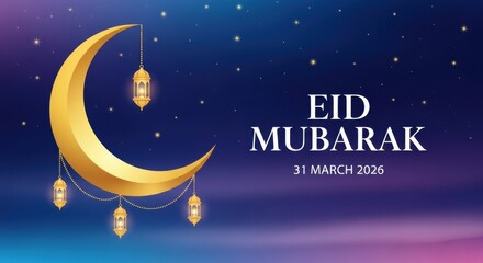 Fototapeta premium A golden crescent moon and lanterns celebrate the eid mubarak holiday