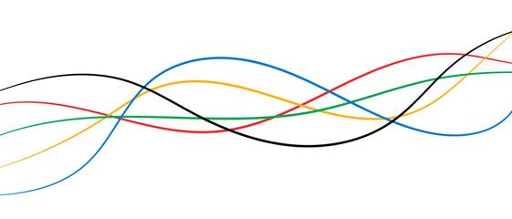 Five color abstract thin line wavy vector background, Red blue green yellow black abstract wave background