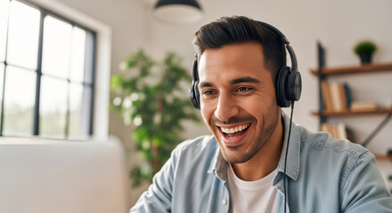 Naklejka premium Happy male professional wearing headphones during video call at bright modern home office