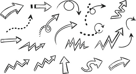A collection of various hand drawn arrows isolated on transparent background