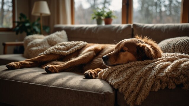 Relaxed dog napping on a cozy sofa in sunlight