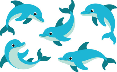 Joyful Blue Dolphins Swimming: A group of five cute, cartoon-style dolphins with happy expressions in various playful poses.