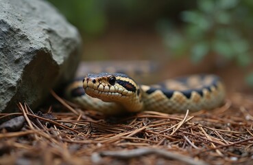 Obraz premium Closeup of yellow, black patterned python snake resting on dry pine needles near large rock. Snake has detailed scales, watchful eyes in natural outdoor habitat, showing wildlife in its environment.