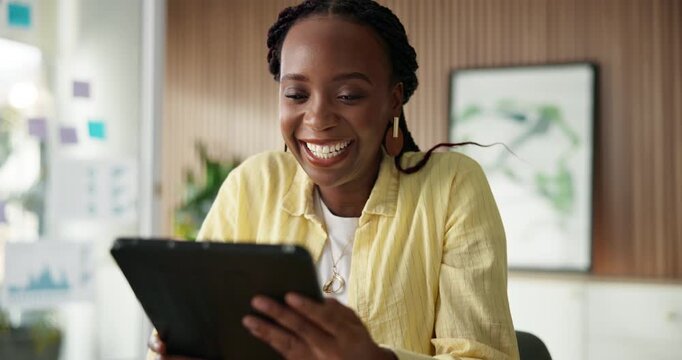 Online, creative and black woman on tablet in office for editing story, proofreading and website research. Publishing, journalism and person on digital tech for editor feedback, article and planning