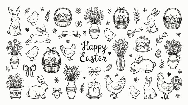 Spring Easter doodle set, hand drawn holiday cute bunny illustration seasonal whimsical flower print. Countryside animals and birds, tulip bouquet, festive eggs, funny rabbit. Easter cartoon doodle 