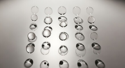 A grid of clear, circular contact lenses or transparent discs arranged on a reflective surface, showcasing their varying curvatures and liquid interactions.