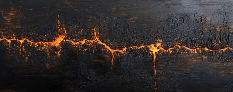 A dramatic background of blackened and scorched wood with deep cracks glowing like hot embers or lava. An intense, dark, and fiery abstract texture.
