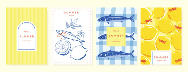 Italy summer party invitation card vector. Italian poster with lemon, leaves, lobster, wine, cheese, tomato, crab, shell in line art. Design for wedding card, greeting card, cover, poster. © babeer
