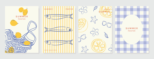 Italy summer party invitation card vector. Italian poster with lemon, leaves, lobster, wine, cheese, tomato, crab, shell in line art. Design for wedding card, greeting card, cover, poster. © babeer