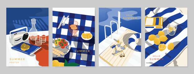 Italy summer party invitation card vector. Italian poster with lemon, leaves, lobster, wine, cheese, tomato, crab, shell in line art. Design for wedding card, greeting card, cover, poster. © babeer