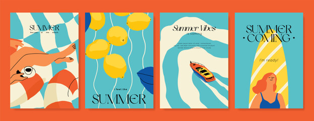 Italy summer party invitation card vector. Italian poster with lemon, leaves, lobster, wine, cheese, tomato, crab, shell in line art. Design for wedding card, greeting card, cover, poster. © babeer