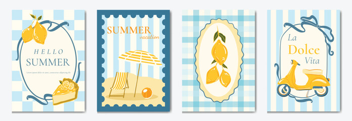 Italy summer party invitation card vector. Italian poster with lemon, leaves, lobster, wine, cheese, tomato, crab, shell in line art. Design for wedding card, greeting card, cover, poster. © babeer